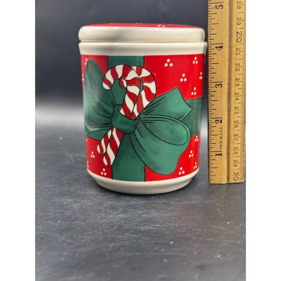 Vtg. Candy Cane Holiday Ceramic Storage Jar With Lid 4.5” - Picture 5 of 5